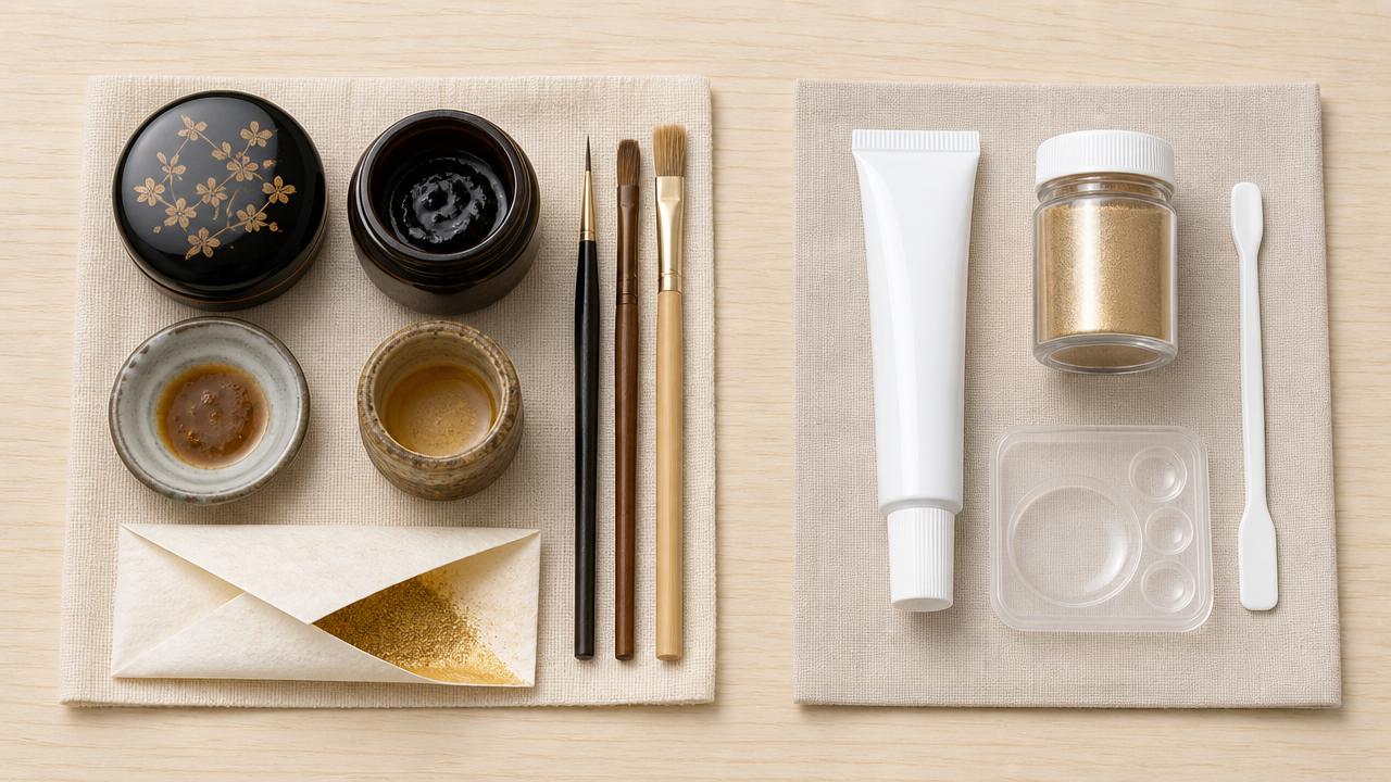 A flat lay illustration showing two distinct kintsugi repair kit setups side by side on a light wooden surface. On the left, traditional Japanese tools: small ceramic urushi lacquer containers, fine brushes, and a folded paper envelope of gold powder. On the right, modern synthetic kit items: a small epoxy tube, metallic powder in a plastic jar, and a disposable applicator. Soft natural lighting, clean minimalist composition, no text.