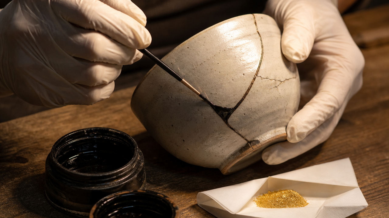 A close-up illustration of a traditional Japanese kintsugi repair in progress. A craftsperson's gloved hands apply dark urushi lacquer to a crack in a ceramic bowl using a fine brush. Small containers of lacquer and a paper envelope of gold powder sit nearby on a wooden workbench. Warm, focused lighting. No text, photorealistic style.