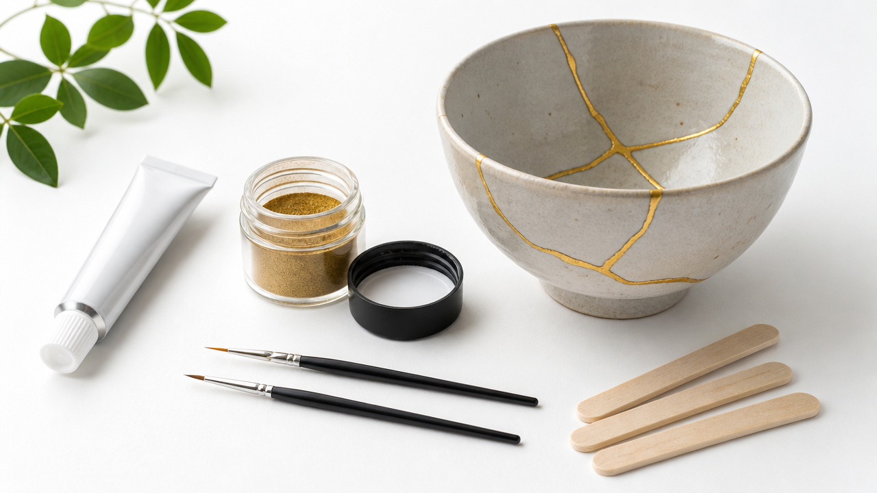 Illustration for reference only, not an actual product photo. An illustration of a beginner-friendly kintsugi repair kit laid out on a white table. Items include a small tube of epoxy adhesive, a jar of gold metallic powder, two fine-tipped applicator brushes, mixing sticks, and a repaired ceramic bowl with golden crack lines already visible. Bright, clean, modern styling. No text.