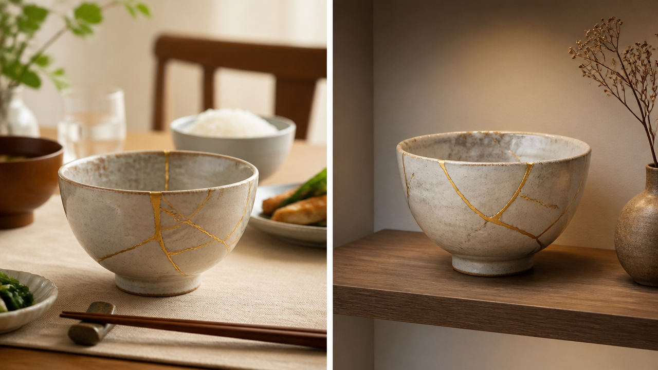 A split-composition illustration showing two ceramic bowls with kintsugi repairs. The left bowl is on a dining table set for a meal, suggesting food-safe use, with warm golden crack lines. The right bowl sits on a display shelf as a decorative art object with similar gold veining. Clean, minimal background, soft lighting, no text.