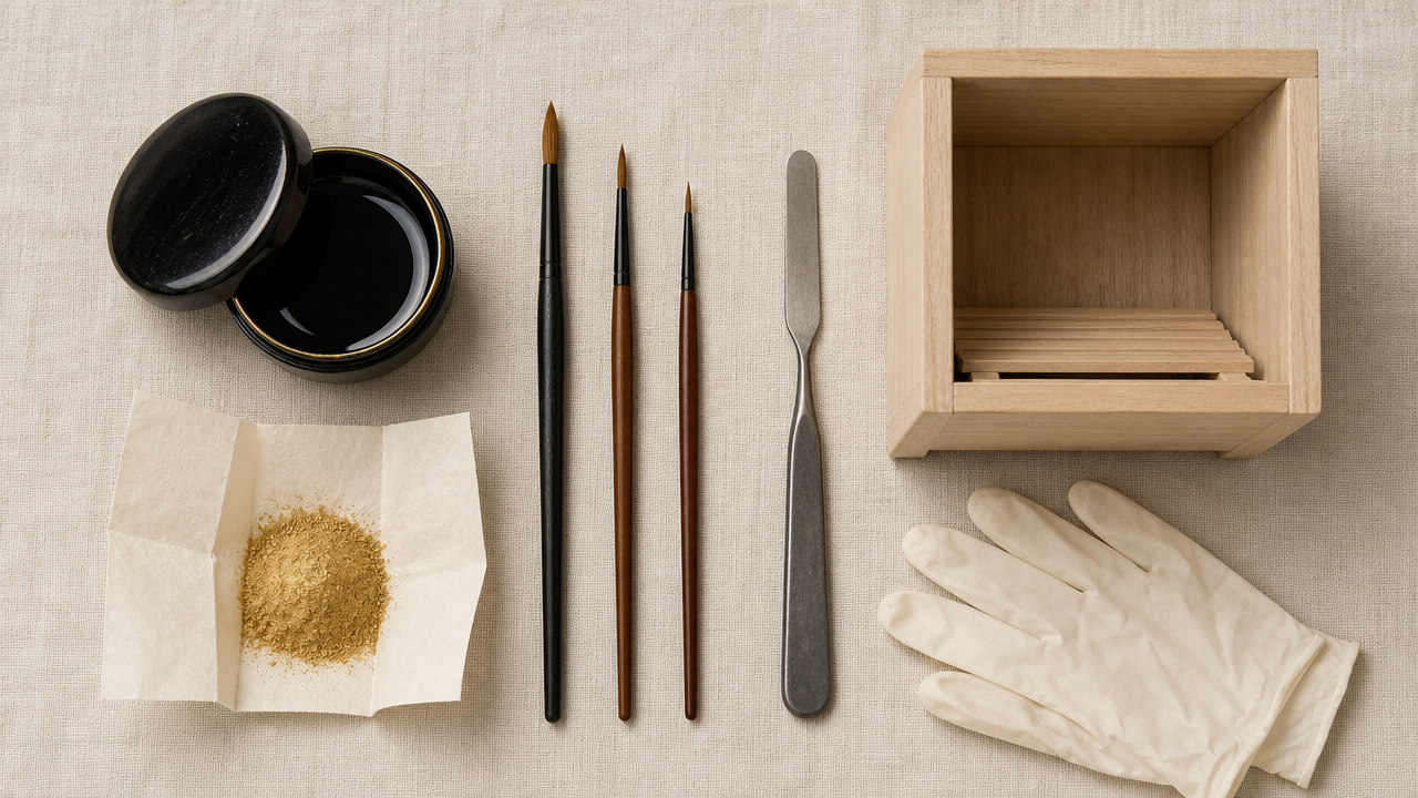 An overhead flat lay illustration of essential kintsugi tools arranged neatly on a light linen surface. Items include a small lacquer container, a folded paper packet of gold powder, three fine brushes of varying sizes, a metal spatula, protective gloves, and a simple wooden box representing a curing environment. Minimal, craft-focused aesthetic, no text.