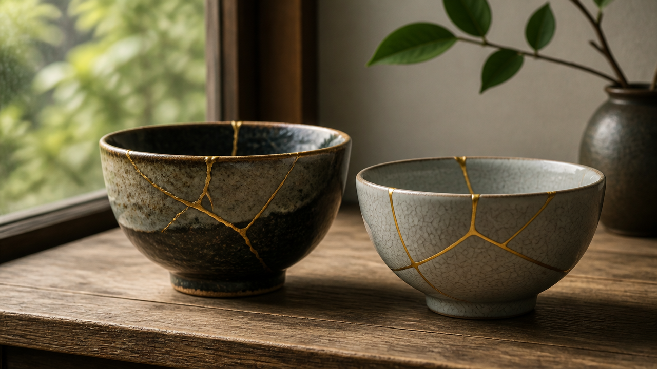 A serene illustration of two repaired ceramic bowls placed together on a wooden surface near a window with soft natural light. One bowl has the deep, slightly uneven texture of an authentic urushi kintsugi repair; the other has the cleaner, smoother lines of a synthetic resin repair. Both display golden crack patterns beautifully. Calm, contemplative mood, no text.
