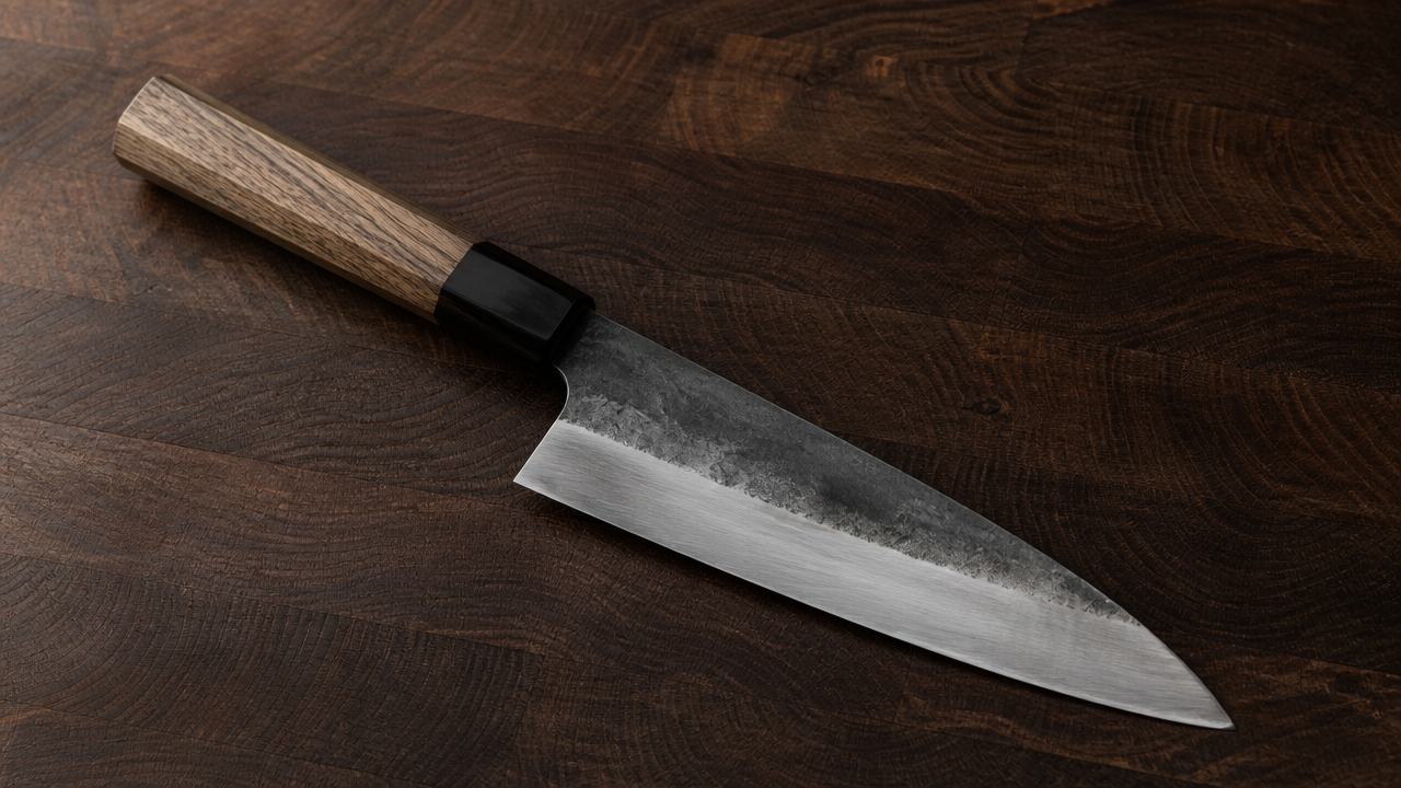A close-up top-down view of a single bevel Japanese kitchen knife resting on a dark wooden cutting board, with soft natural side lighting emphasizing the asymmetric grind of the blade. No text, no labels, no logos.