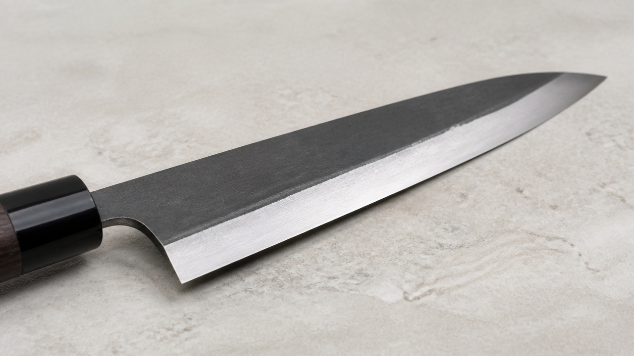 A detailed side-angle macro photograph of a Japanese single bevel knife blade against a pale stone surface, clearly showing the flat ura side and the angled bevel side. Clean, minimal composition. No text, no labels, no logos.