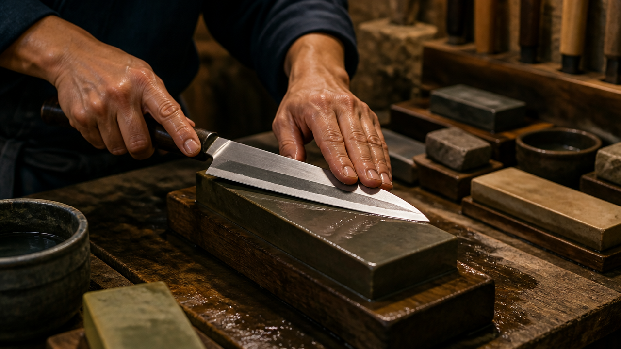 A Japanese knife maker's workshop bench with a single bevel knife blade in mid-grinding on a water stone, hands visible but no identifiable features, warm workshop lighting, tools and stones in soft background focus. No text, no labels, no logos.