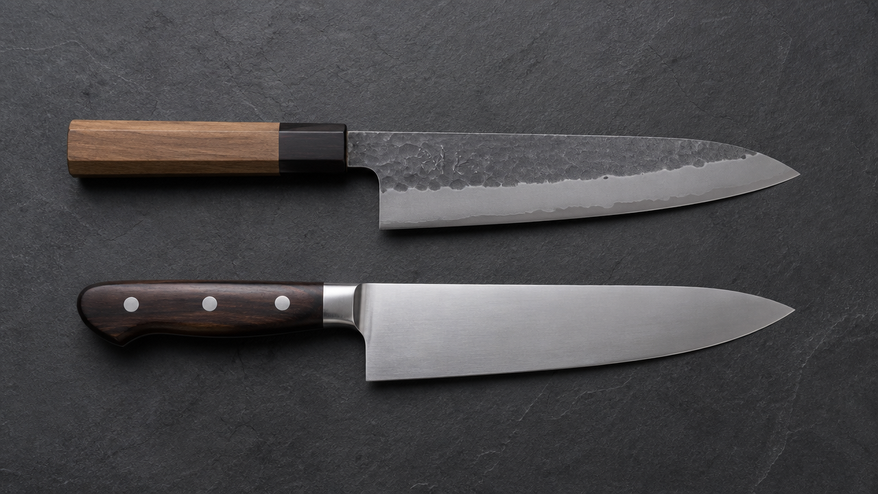 Overhead flat lay of two Japanese kitchen knives side by side on a dark slate surface, one with a traditional octagonal wooden handle and one with a Western-style handle, soft even lighting with subtle shadow detail. No text, no labels, no logos.