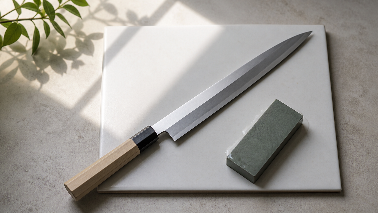 A calm overhead shot of a Japanese yanagiba knife resting diagonally on a smooth white ceramic tile next to a small water sharpening stone, minimalist composition with natural window light casting a gentle shadow. No text, no labels, no logos.