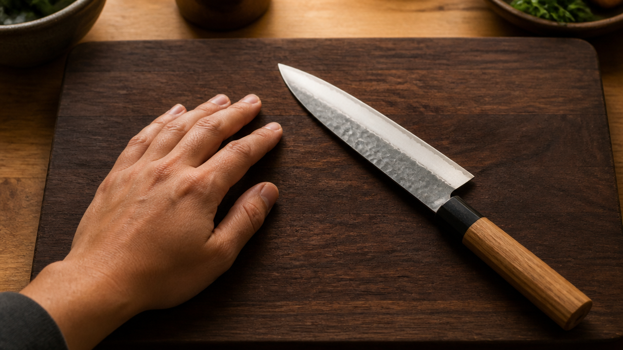 A left hand resting naturally on a dark wooden cutting board beside a Japanese kitchen knife with a natural wood handle, warm ambient kitchen lighting, calm and confident composition. No text, no labels, no logos.
