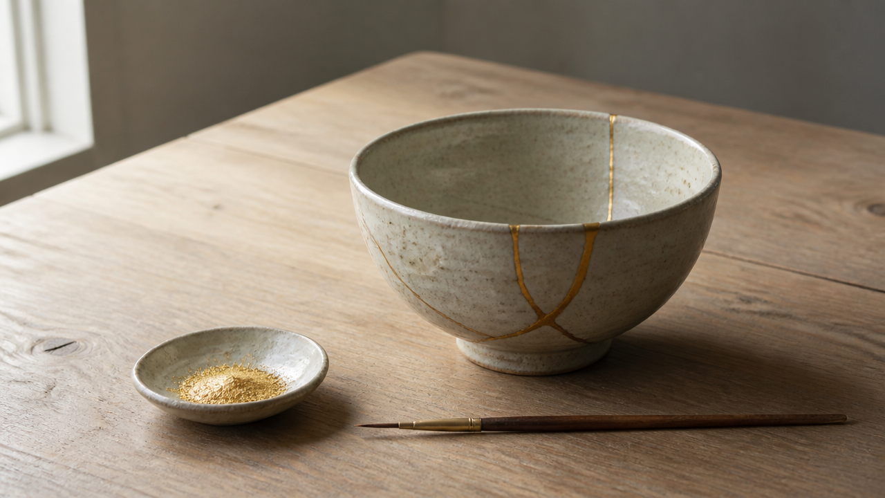 A cracked ceramic bowl placed on a plain wooden table next to a small ceramic dish of gold powder and a fine brush, soft natural window light, minimal composition, no text or labels