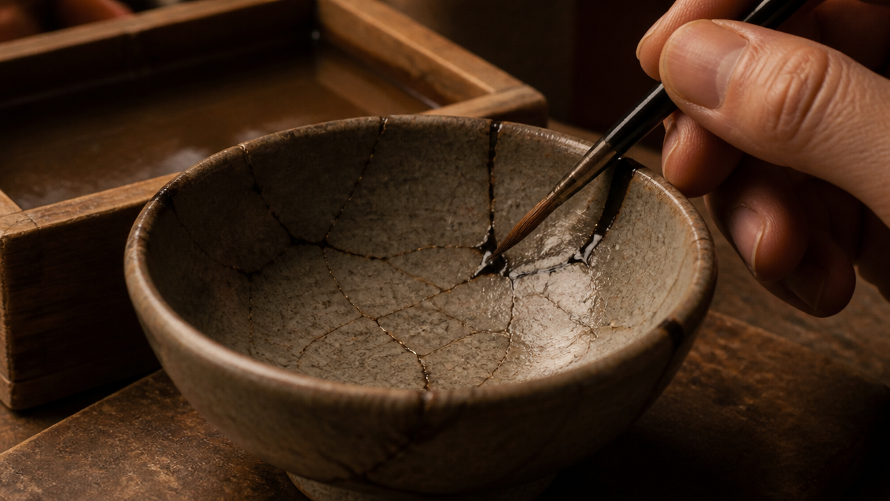 Close-up of a hand holding a fine brush applying a thin dark lacquer layer to a cracked ceramic bowl, humid wooden box partially visible in the background, warm studio lighting, no text or labels