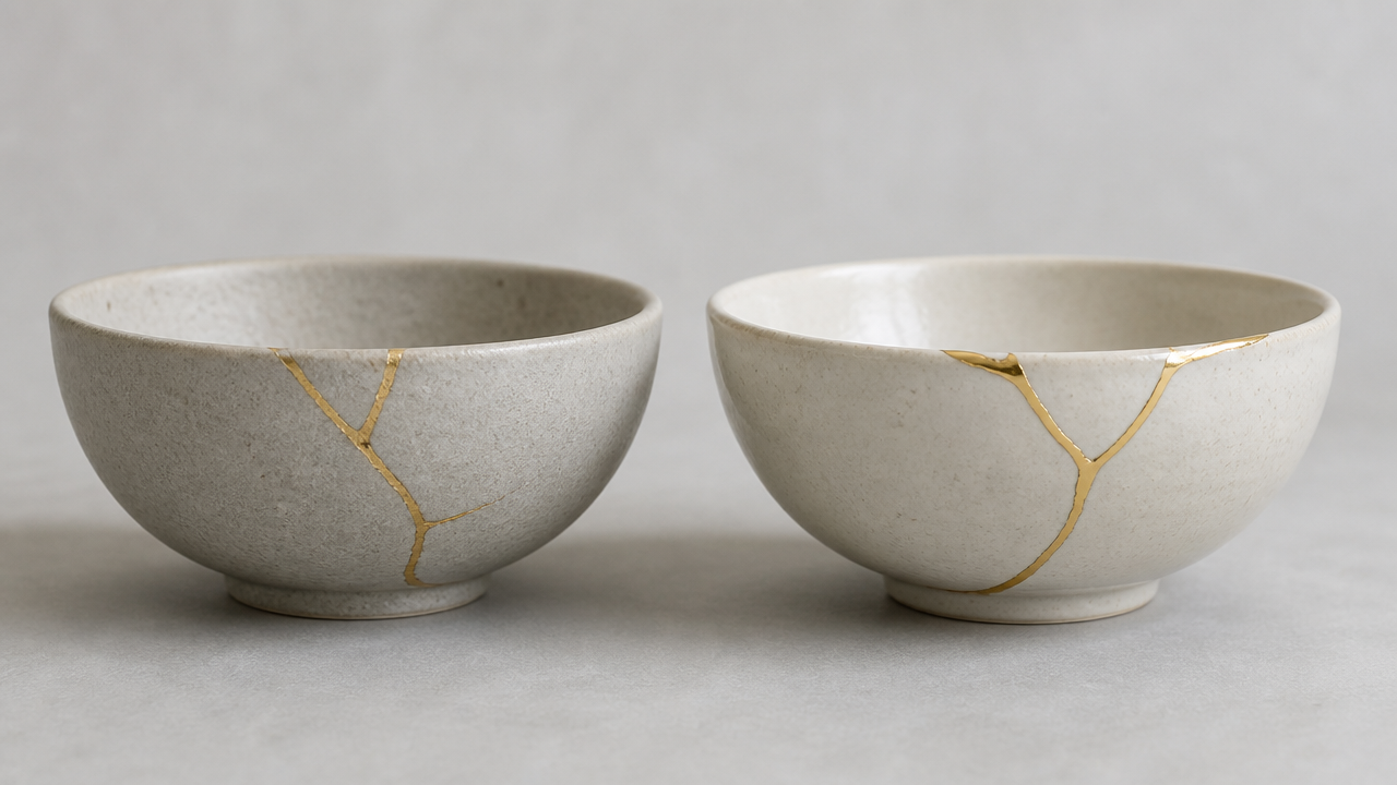 Two ceramic bowls side by side on a light gray surface, one showing a gold-repaired crack with a matte finish and the other with a slightly shinier gold line, soft diffused lighting, clean minimal background, no text or labels
