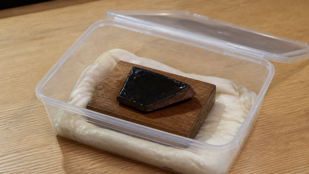 A clear plastic container with a damp cloth inside and a small ceramic shard coated in dark lacquer resting on a wooden block, lid partially open, soft indoor lighting, no text or labels