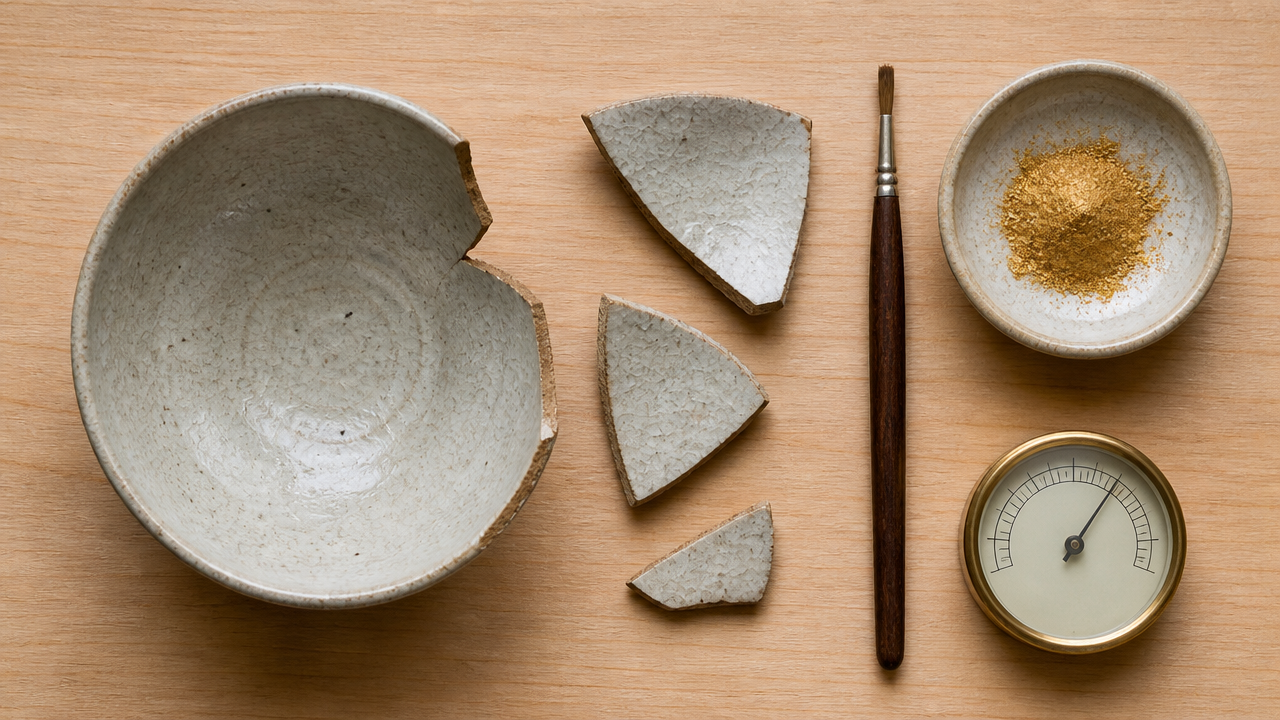 Flat lay of a broken ceramic bowl with three separated fragments, a small brush, a dish of gold powder, and a humidity gauge on a light wooden surface, top-down view, natural light, no text or labels