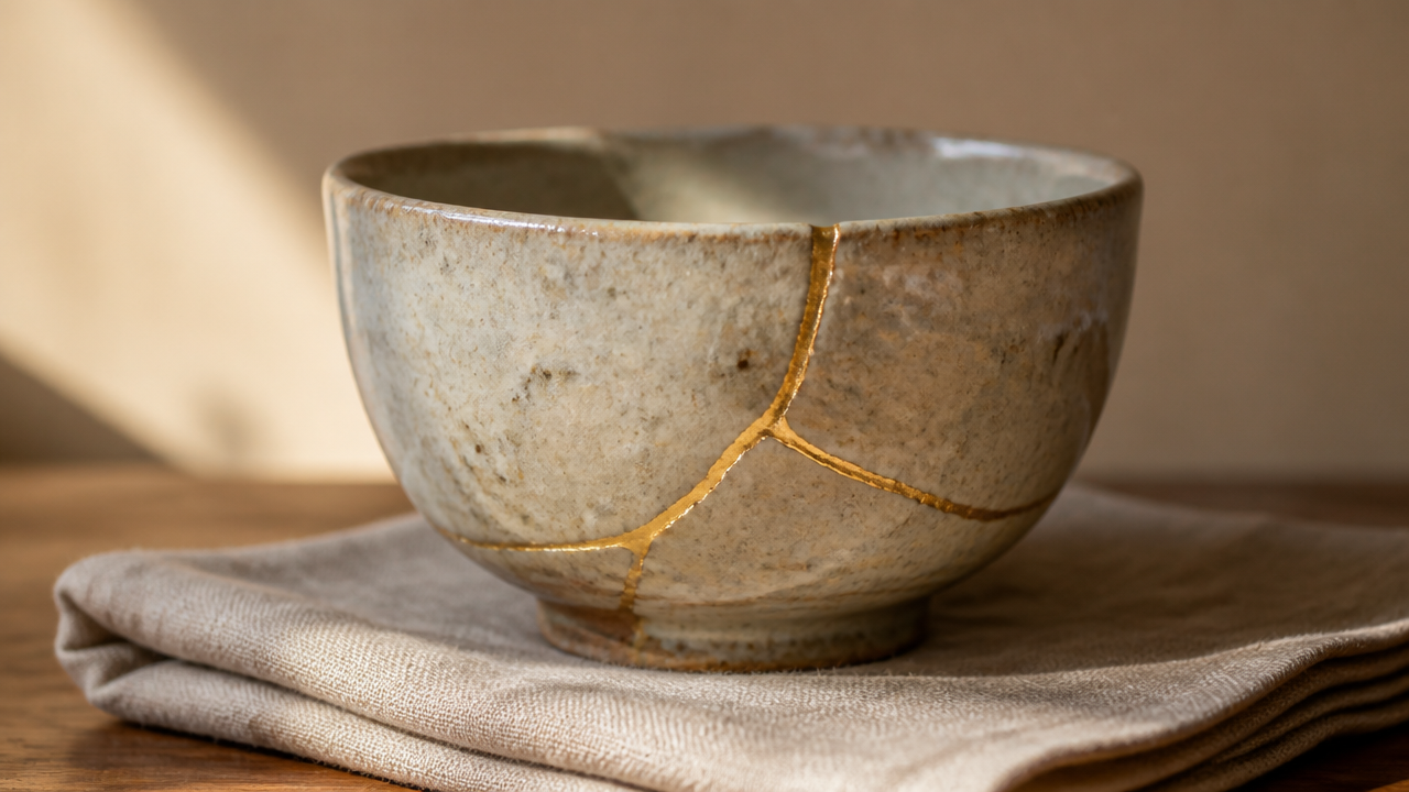 A repaired ceramic tea bowl with a gold seam running across the surface resting on a folded linen cloth, warm side lighting highlighting the gold line texture, simple background, no text or labels