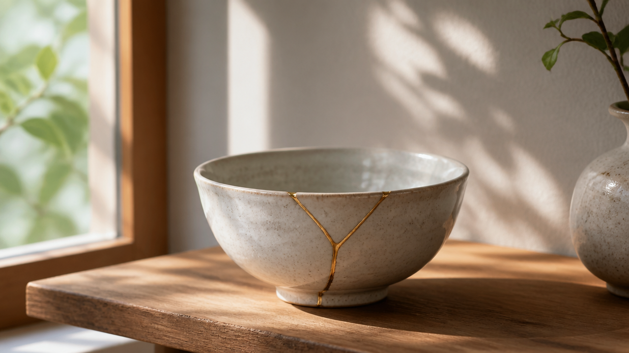 A beautifully repaired ceramic bowl with a thin gold seam displayed on a wooden shelf near a window, soft morning light casting gentle shadows, peaceful minimal composition, no text or labels