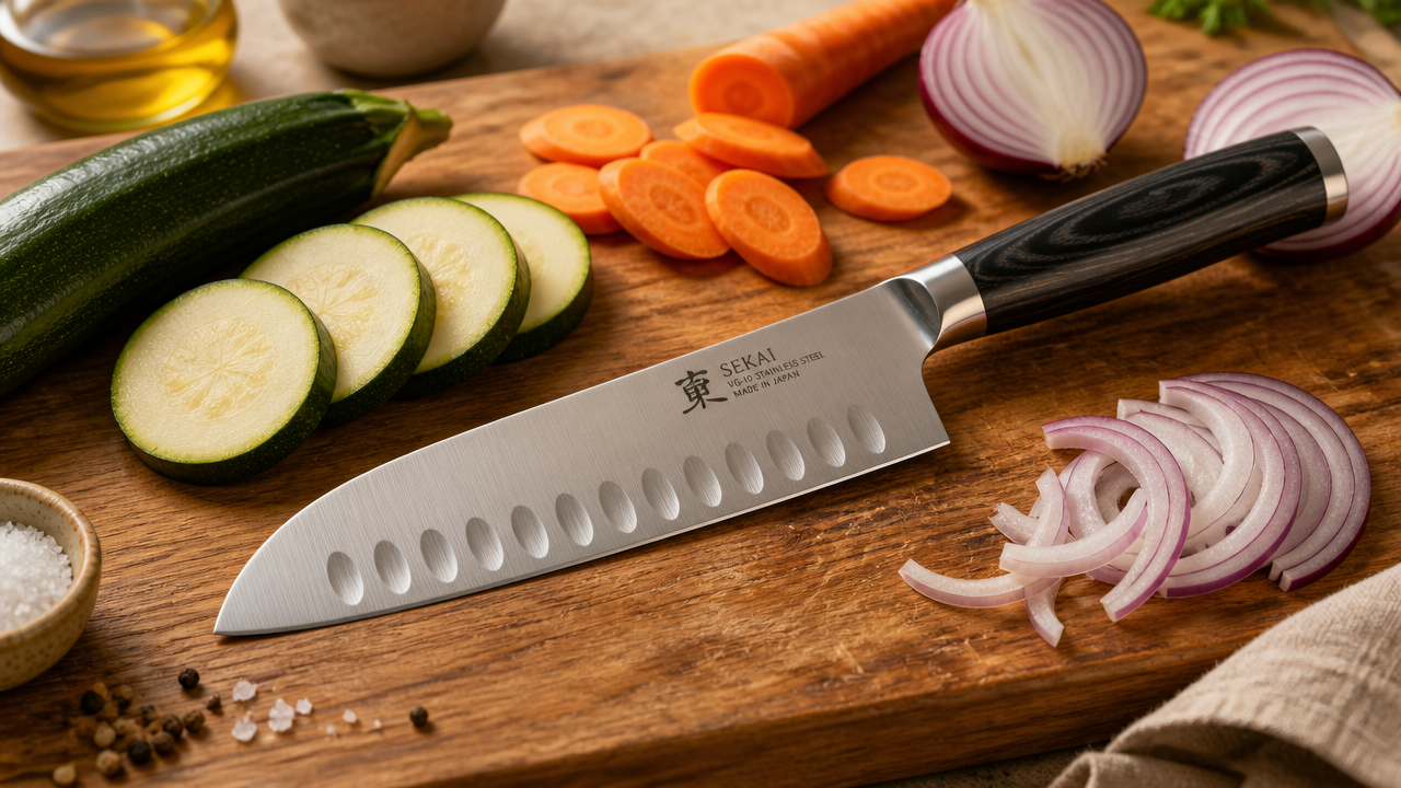 An illustration of a Santoku knife resting on a wooden cutting board surrounded by sliced vegetables — zucchini, carrots, and onion halves. The blade is shown in a three-quarter angle to highlight its rounded tip and Granton edge dimples. The scene has warm kitchen lighting and a clean, editorial food photography aesthetic.