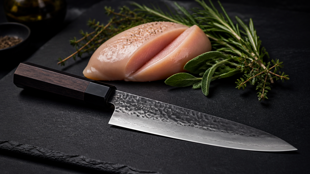 An editorial illustration of a Gyuto chef's knife with a long, slightly curved blade and pointed tip, resting diagonally on a dark slate cutting surface. Behind it, loosely arranged, are a halved raw chicken breast and fresh herbs. The knife has a visible octagonal Wa handle in dark wood. Lighting is dramatic and professional, with a restaurant kitchen aesthetic.