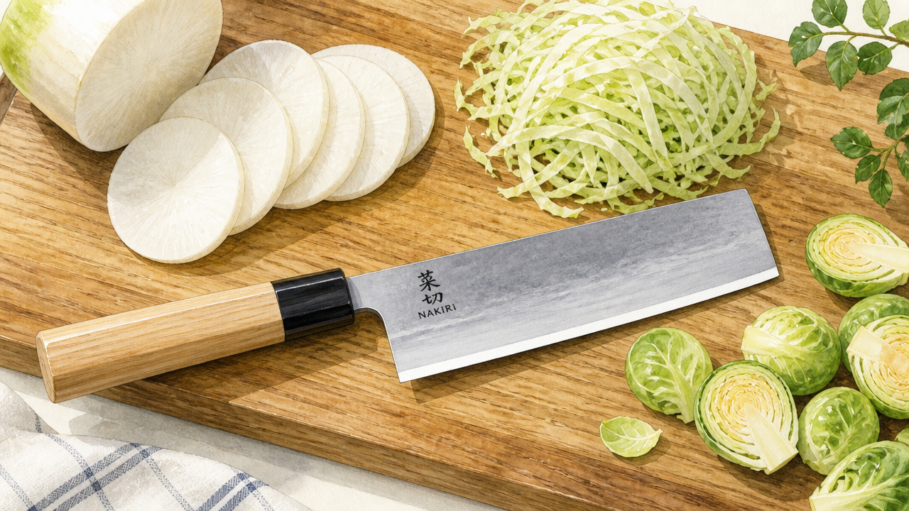 An illustration of a Nakiri knife with its distinctive flat rectangular blade, positioned on a wooden cutting board next to neatly sliced vegetables: daikon radish rounds, thin-cut cabbage, and halved Brussels sprouts. The scene is bright and clean with natural light, emphasizing the straight blade edge and precise cuts. Style is editorial food illustration.