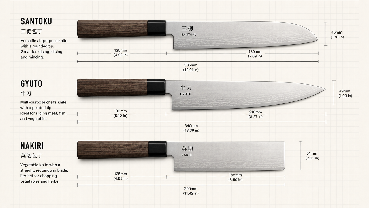 A clean infographic-style illustration showing three Japanese knives arranged vertically for comparison: Santoku on top with a rounded tip, Gyuto in the middle with a long pointed tip, and Nakiri at the bottom with a flat rectangular blade. Each knife is shown in profile with simple dimension lines. Background is off-white with light gray grid lines. Style is technical and editorial.