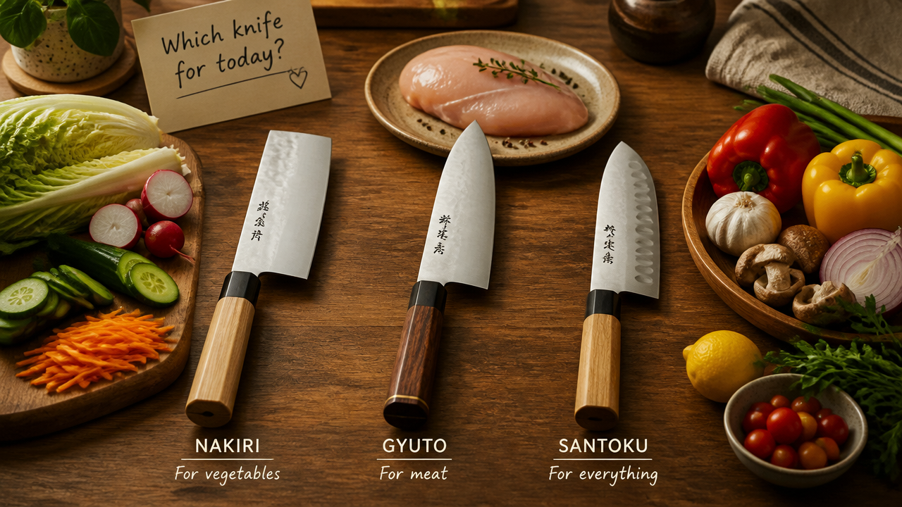 A warm editorial illustration showing three Japanese knives laid out on a kitchen countertop next to different types of ingredients: vegetables near the Nakiri, a chicken breast near the Gyuto, and mixed produce near the Santoku. The scene feels like a home kitchen decision moment, with soft warm lighting and a slightly rustic wooden surface. Style is clean and inviting.