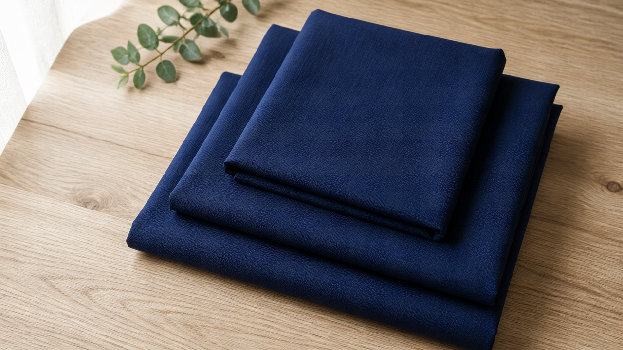 A flat lay of neatly folded pieces of deep navy blue cotton fabric with a slightly textured weave, arranged on a light natural wood surface. Soft natural window light from the left. No text, no labels, no logos. Clean and minimal composition.