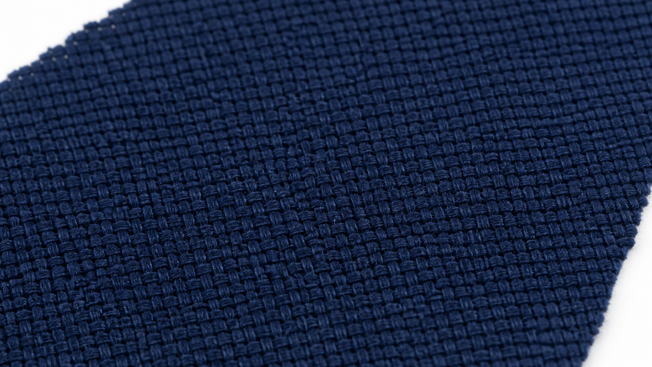 Close-up macro shot of tightly woven navy blue cotton fabric, showing the individual thread crossings in the weave. The texture is crisp and detailed. Soft even studio lighting, no shadows, no text, no patterns stitched on it yet. Neutral white background slightly visible at edges.