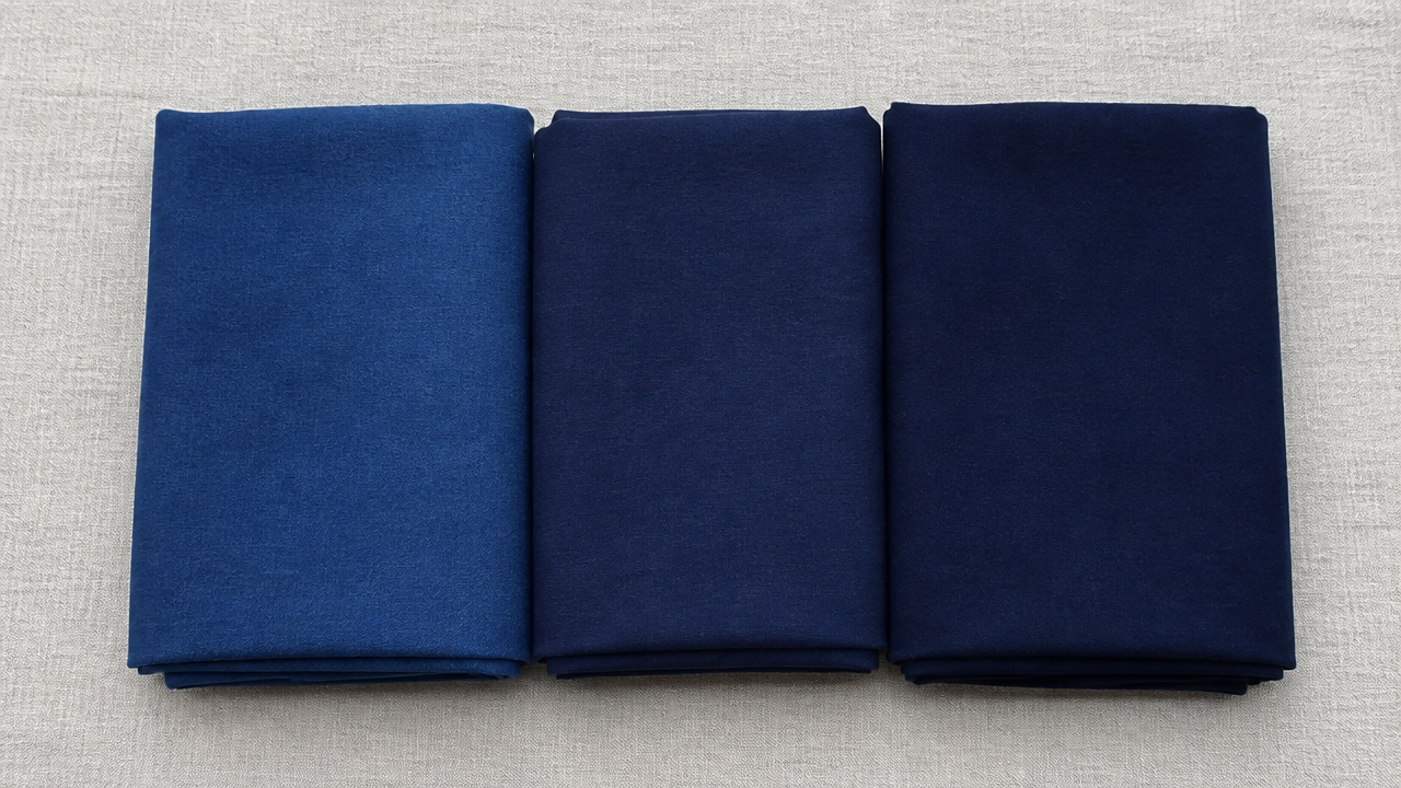 Three folded pieces of cotton fabric in slightly different shades of indigo and navy blue, arranged side by side on a light grey linen surface. Natural overhead lighting. Simple and clean composition. No text, no labels, no stitching visible.