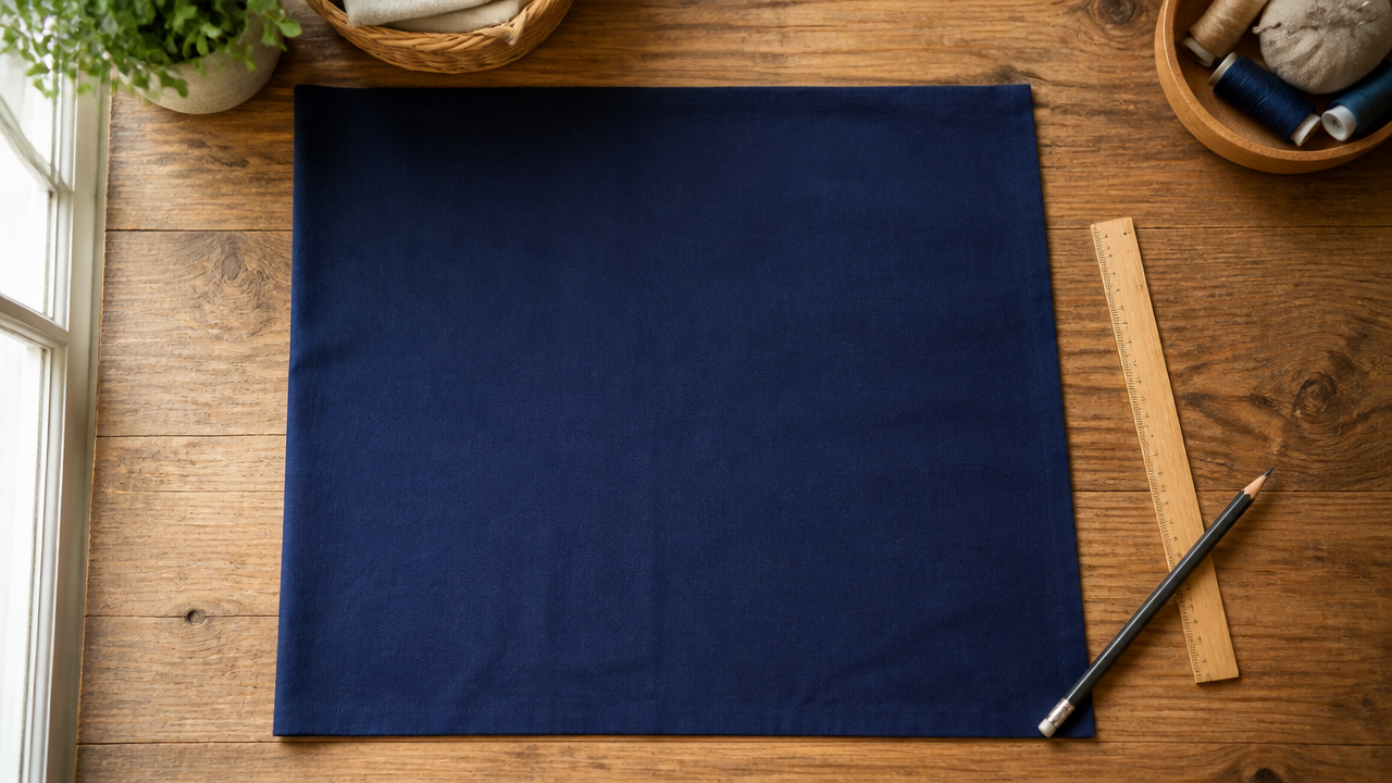 A top-down view of a wooden craft table with a piece of navy blue cotton fabric laid flat, a small ruler beside it, and a thin pencil resting diagonally across the corner. Warm natural light from a nearby window. No text, no stitching, no logos. Simple and organized.