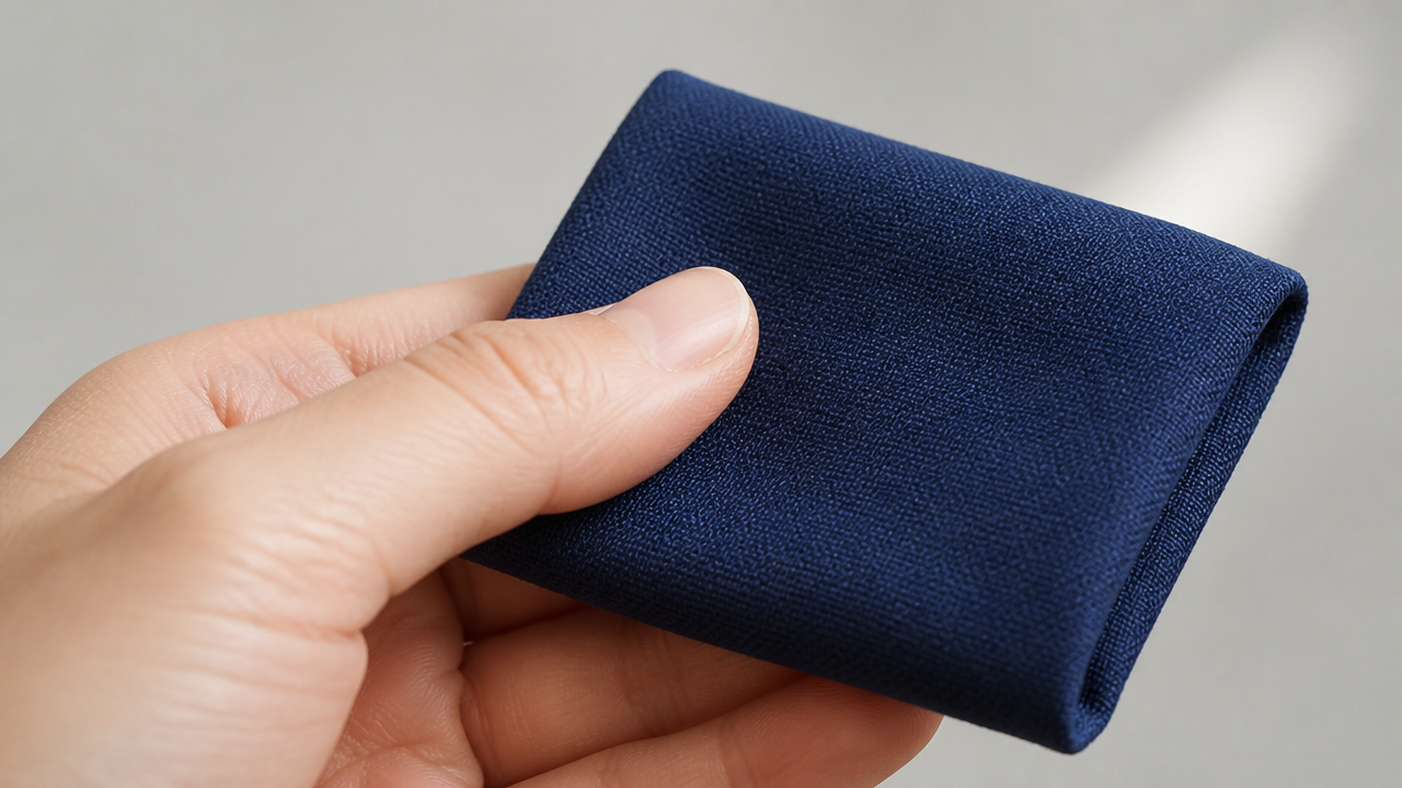 A close-up of a hand gently holding a small folded square of navy blue cotton fabric, examining the weave texture. Soft natural light from the side. Clean neutral background. No text, no stitching on the fabric, no logos or labels visible.