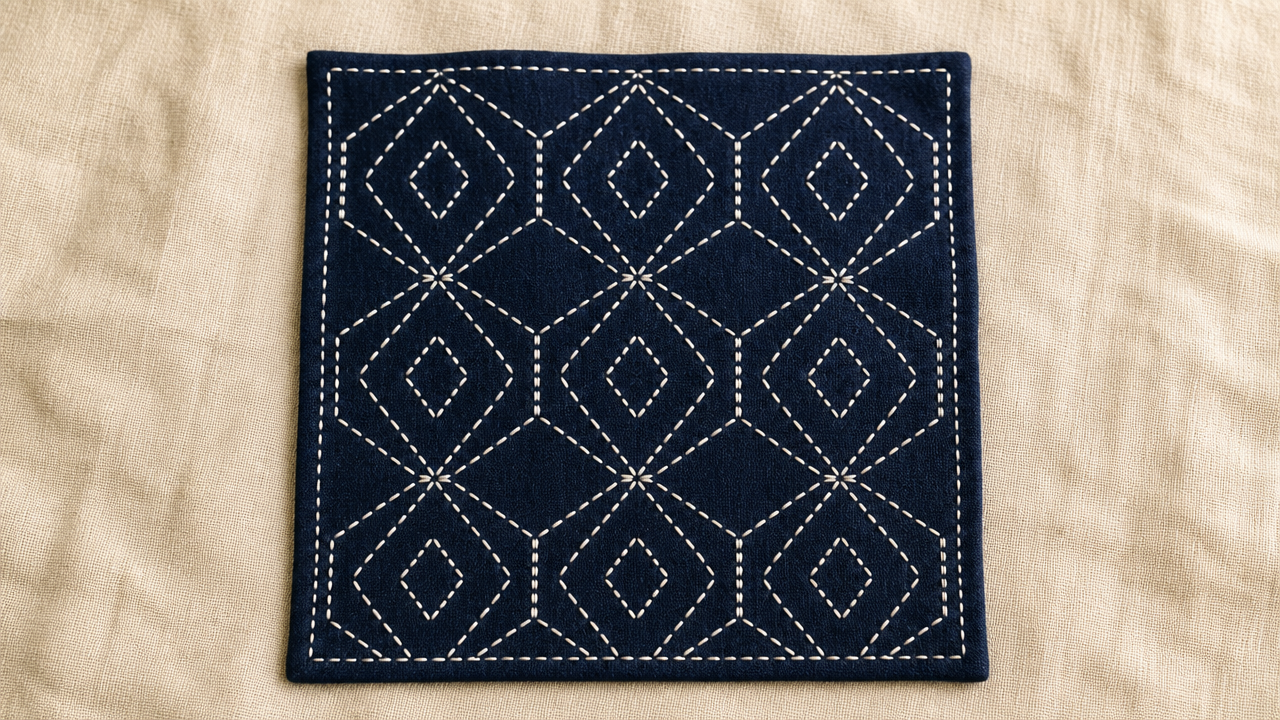A finished small sashiko embroidery project — a square piece of deep navy blue fabric with white geometric diamond and hexagon running stitch patterns — lying flat on a light natural linen cloth. Soft warm light from above. No text, no labels, no brand markings. The stitching is clean and evenly spaced.
