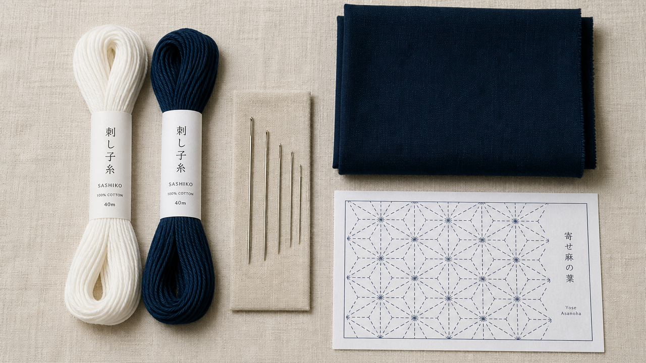 A flat lay of sashiko embroidery supplies on a light natural linen surface: a bundle of white and indigo cotton thread, several long sashiko needles, a folded piece of dark indigo cotton fabric, and a geometric pattern template, soft natural lighting, clean minimalist composition