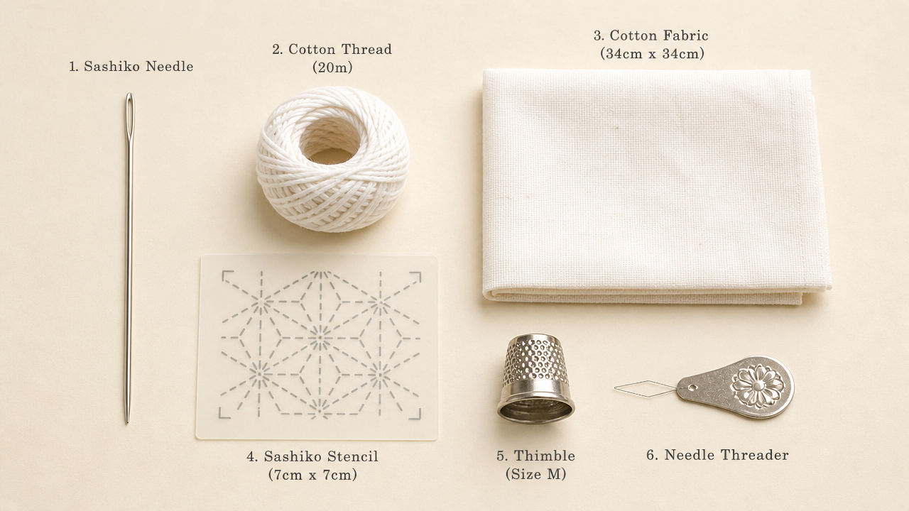 Close-up flat lay showing individual sashiko kit components labeled and neatly arranged: a long sashiko needle, a small ball of white cotton thread, a folded cotton fabric swatch, a geometric stencil, a metal thimble, and a needle threader, on a warm cream background, soft studio lighting