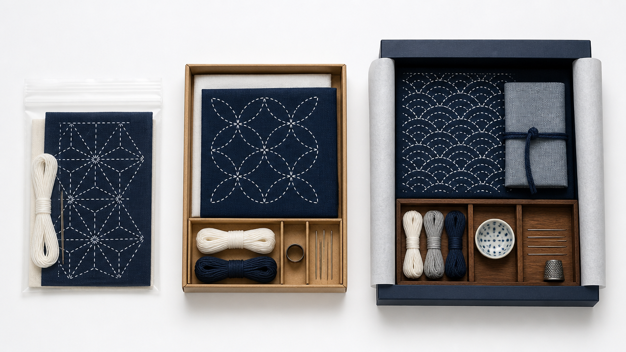 Three sashiko embroidery starter kits arranged side by side on a clean white surface, each at a slightly different price level suggested by packaging complexity, flat lay photography style, soft natural lighting, no text on packaging