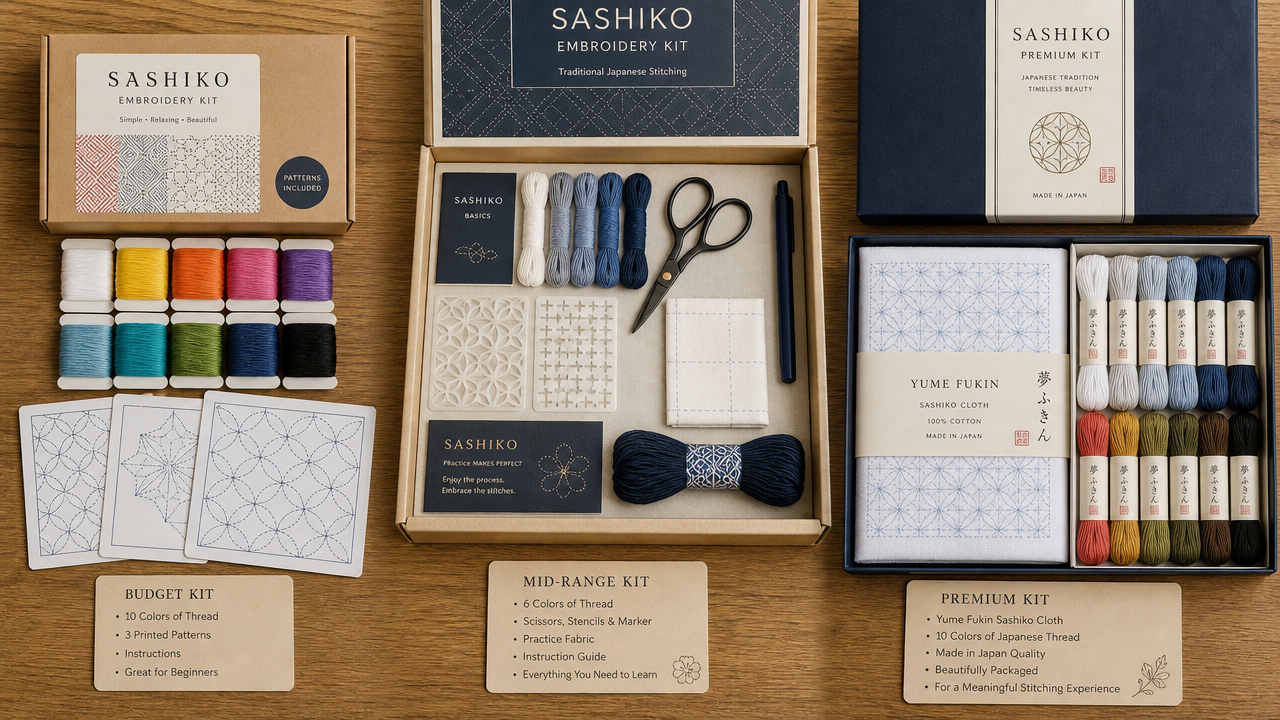 Three sashiko embroidery kits shown in detail: on the left a simple budget kit with colorful thread rolls and pattern cards, in the center a mid-range kit spread open showing scissors, stencils, practice fabric, and thread, on the right a premium kit with a traditional Japanese Yume Fukin cotton cloth and neatly packaged Japanese thread, flat lay, warm natural lighting