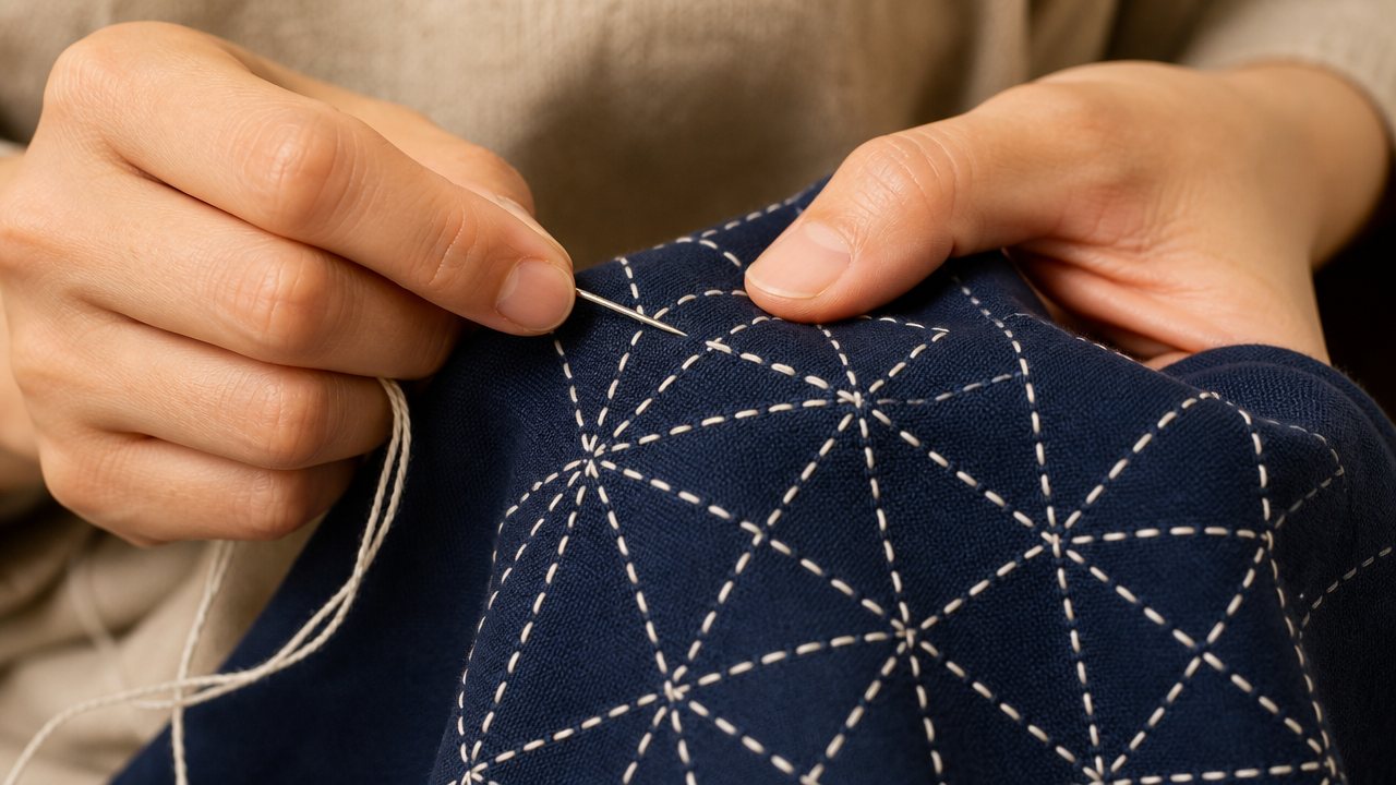 A person's hands stitching a geometric sashiko pattern on indigo cotton fabric with a long sashiko needle and white cotton thread, close-up shot showing the running stitch detail, warm soft lighting, clean background, no face visible