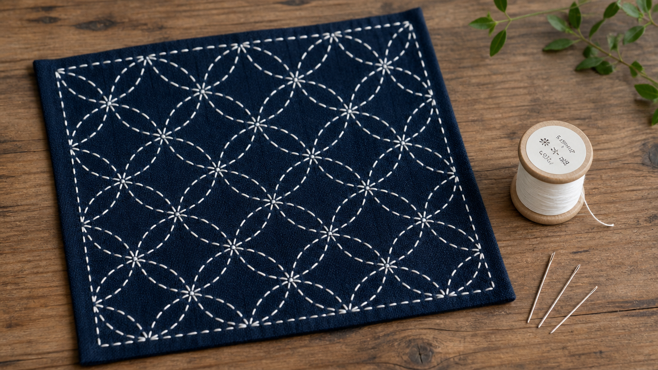 A finished sashiko embroidery piece showing a traditional geometric pattern in white thread on dark indigo cotton fabric, displayed on a natural wood surface with a few sashiko needles and a small spool of white cotton thread nearby, clean aesthetic, soft natural light