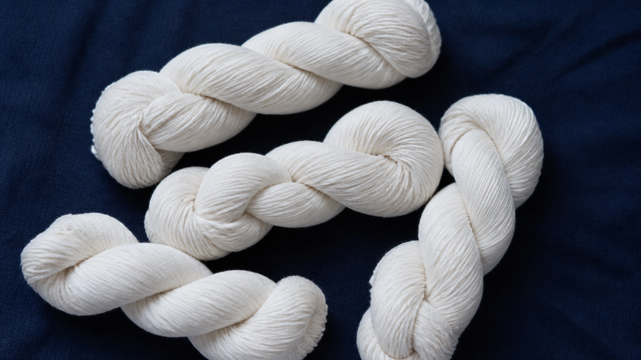 Close-up flat lay on a dark navy-blue cotton fabric background: several plain white cotton thread skeins with no labels or text, arranged in a loose, natural grouping. Soft, diffused natural lighting highlighting the matte texture of the thread. Minimalist composition, no branding, no writing, no logos anywhere in the frame.