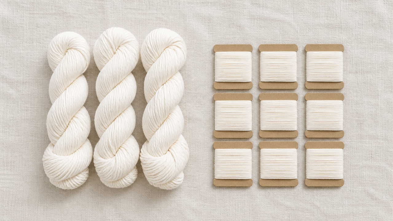 Overhead flat lay on a light linen surface: two groups of cotton thread — one group of thick, chunky white skeins and one group of thinner, neatly wound white thread cards — arranged symmetrically side by side with a small gap between them. No text, no labels, no branding. Soft natural daylight, clean and minimal composition.