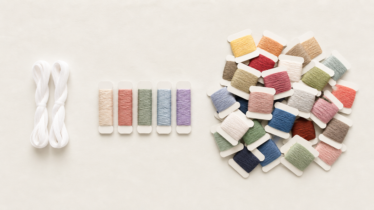 Flat lay on a pale cream surface: three distinct groupings of cotton thread arranged left to right in ascending order of quantity — a small bundle of two white skeins on the left, a set of five colorful thread cards in the center, and a large spread of many colorful thread cards on the right. No text, no labels, no logos. Soft overhead natural light, clean white and neutral tones dominate.