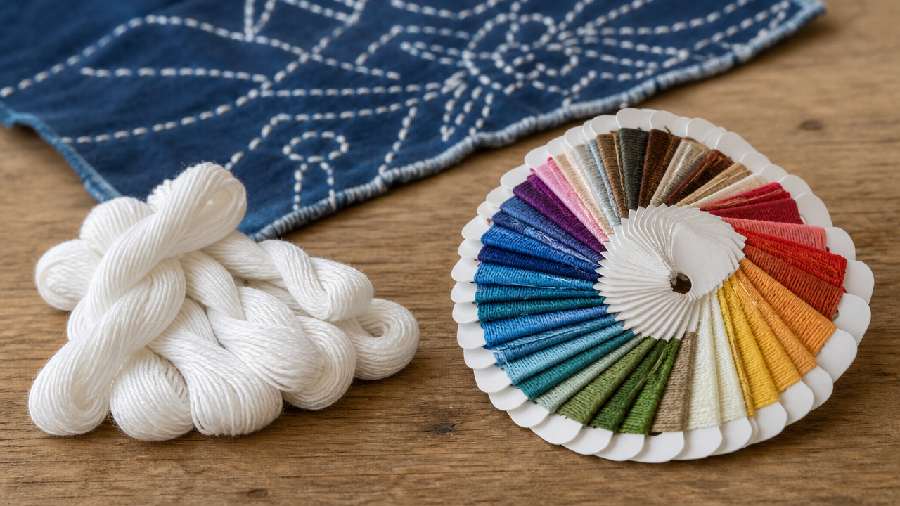 Close-up lifestyle shot on a natural wood tabletop: one small pile of white thread skeins on the left side of the frame, and a neatly arranged fan of colorful thread cards on the right, spread open like a hand of playing cards to show many different colors. A hand-stitched white-on-indigo fabric swatch is partially visible in the background, slightly out of focus. No text, no labels, no branding anywhere.