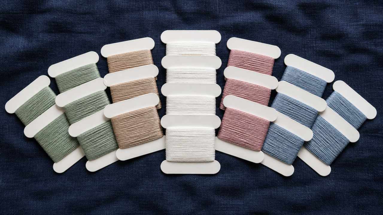 Flat lay on a dark indigo-dyed cotton fabric: a neat arrangement of white cotton thread cards in the center, flanked on either side by cards in muted earthy tones — sage, warm beige, dusty rose, and soft blue — fanning outward. No labels, no text, no logos. Overhead natural light, high contrast between the white thread and the dark fabric background.