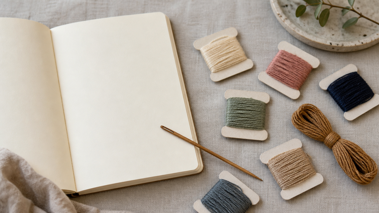 Lifestyle flat lay on a light gray linen surface: an open notebook with a blank page on the left side of the frame, and a collection of cotton thread cards and one small skein arranged casually next to it on the right. A wooden sashiko needle rests diagonally across the scene. No text visible anywhere. Soft warm natural light from a window, slightly off-center composition.