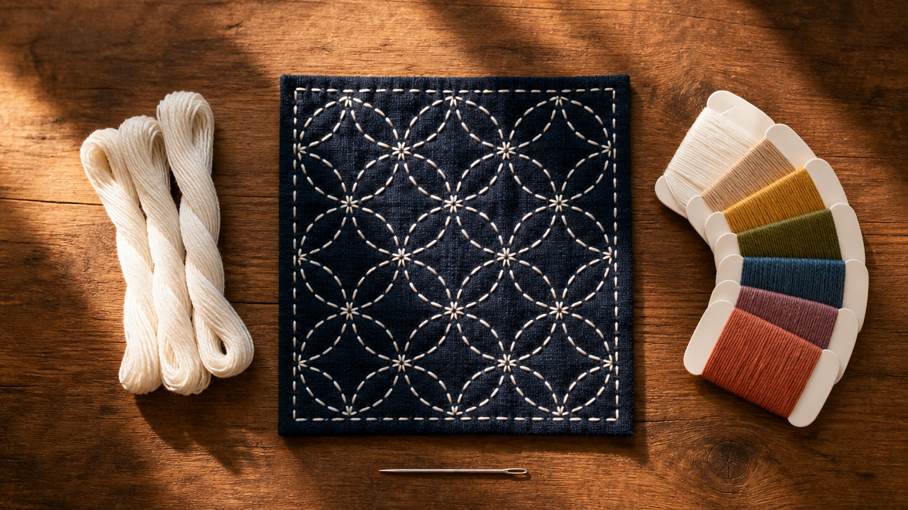 Warm lifestyle flat lay on a wooden table surface: a finished small sashiko-stitched fabric square with visible white geometric stitching on dark indigo fabric in the center, surrounded by three items — a small bundle of white thread skeins, a fan of colorful thread cards, and a single sashiko needle. Composition is clean and symmetrical. No text, no labels, no logos anywhere. Soft golden-hour natural light from the side.
