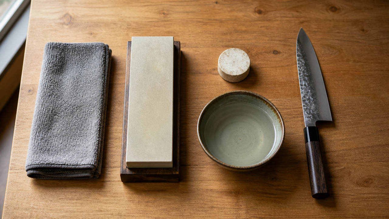 A flat lay on a wooden kitchen counter showing a Japanese whetstone, a small ceramic flattening stone, a folded gray towel, a bowl of water, and a Japanese gyuto knife, clean and organized arrangement, warm natural light from the left, realistic photo style, no text