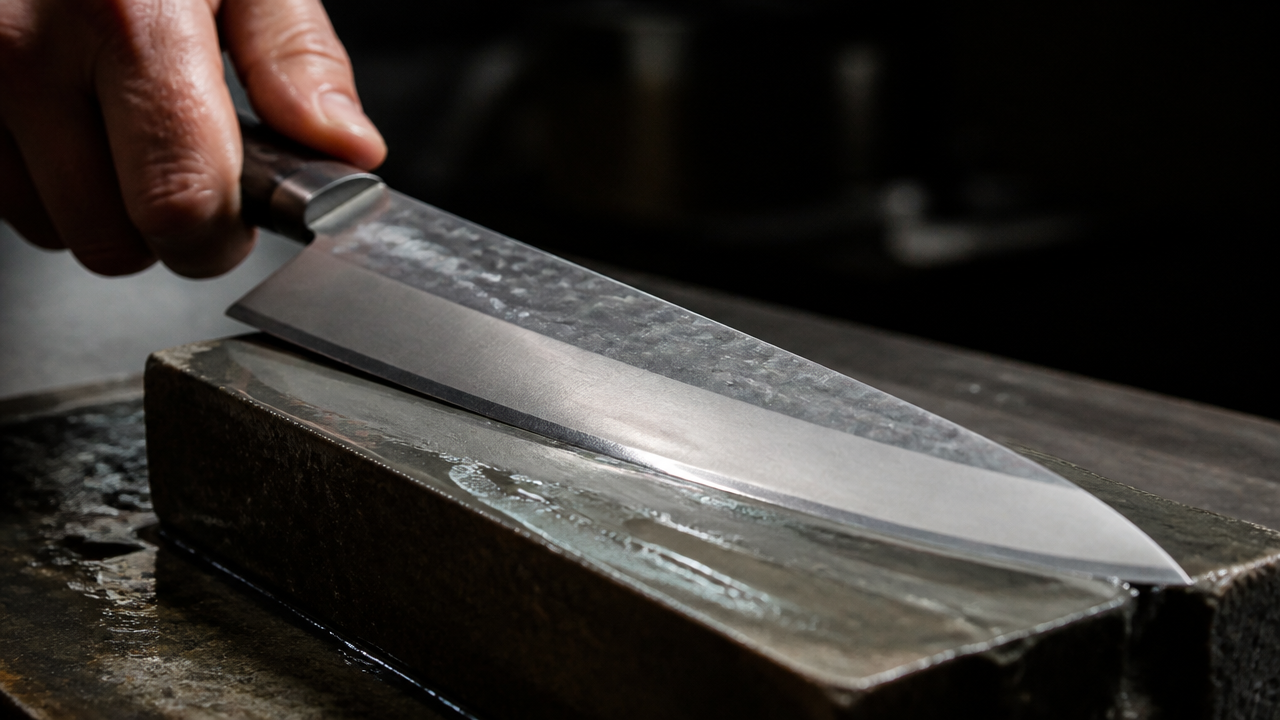 A human hand holding a Japanese gyuto knife at a low angle against a wet whetstone, the blade tilted at a shallow sharpening angle, water and metal slurry visible on the stone surface, dramatic side lighting highlighting the edge, close-up realistic photo style, no text