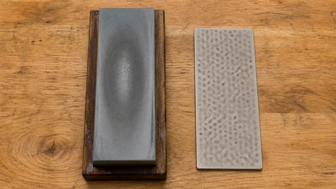 A top-down view of a sharpening stone with a visible concave dip worn into its center surface, a diamond flattening plate resting beside it on a wooden counter, soft even studio lighting, realistic instructional photo style, no text