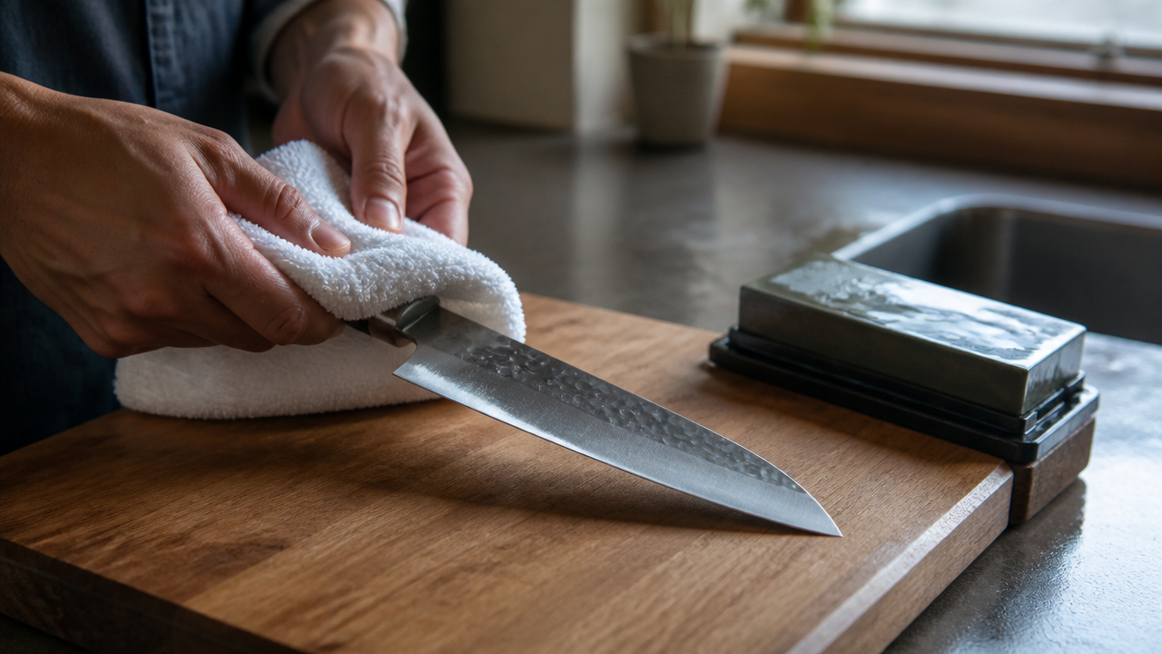 A Japanese gyuto knife being carefully wiped dry with a white cotton towel on a wooden cutting board, a clean wet whetstone air-drying beside it on a kitchen counter, soft natural window light, realistic kitchen photography style, no text