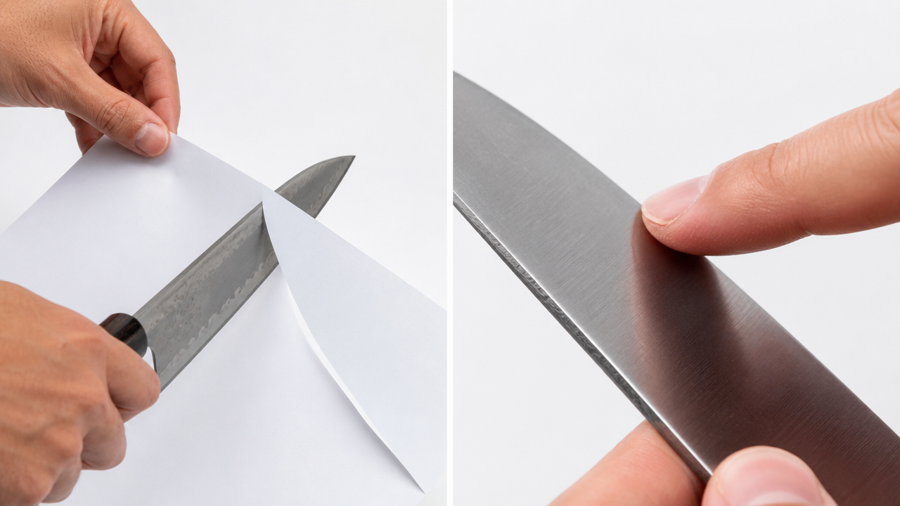 A split-image showing on the left a hand performing the paper-slice sharpness test with a Japanese knife cutting cleanly through white paper, and on the right a close-up of fingers carefully feeling for a burr along the edge of a knife blade, clean white background, realistic instructional style, no text