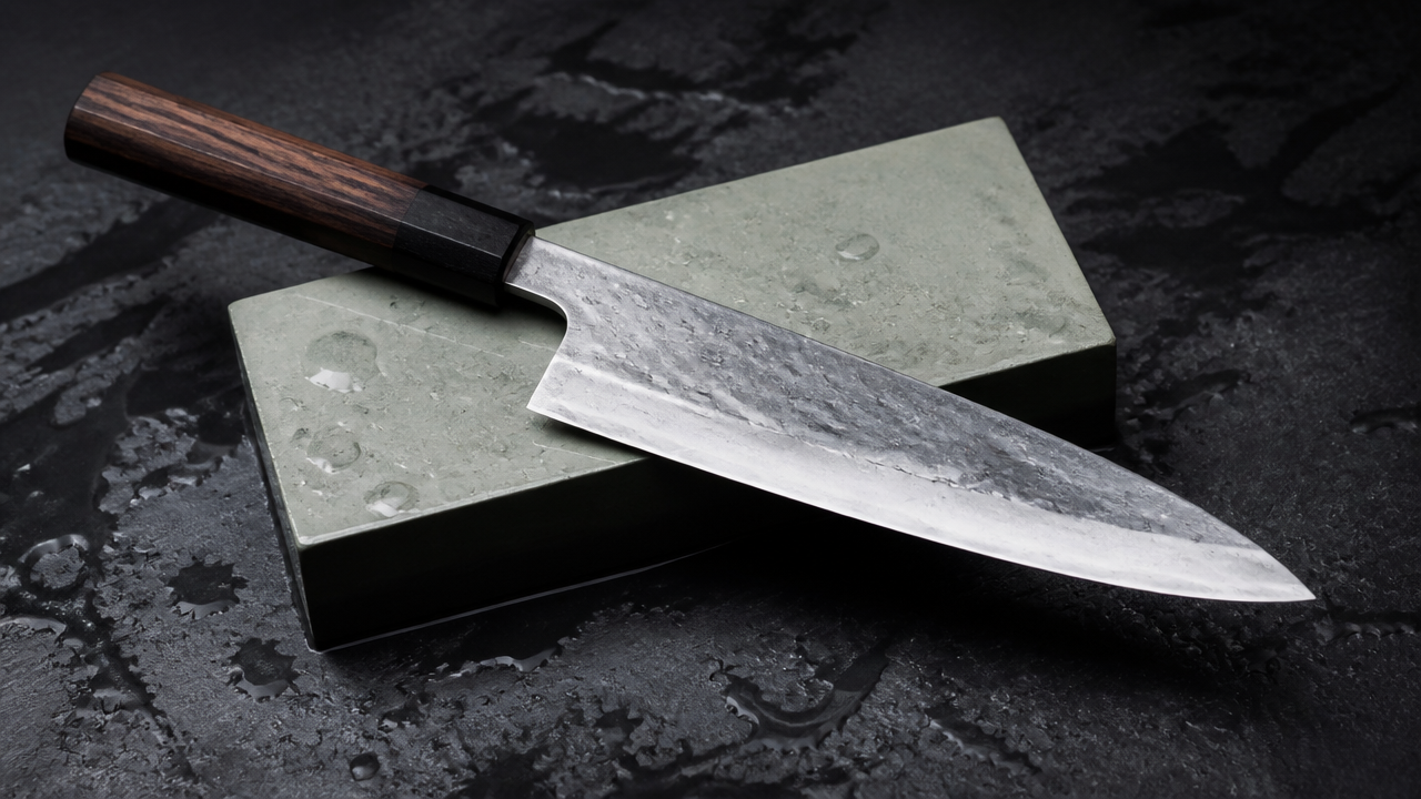 A beautifully sharpened Japanese gyuto knife resting diagonally across a clean wet whetstone on a dark slate surface, water droplets visible on the blade and stone, soft dramatic lighting from above, realistic food and craft photography style, no text