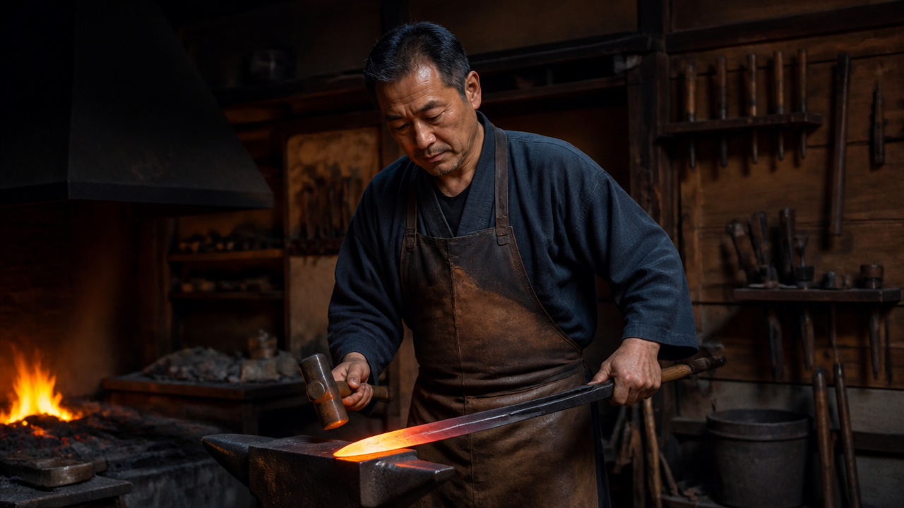 A Japanese blacksmith in a dimly lit traditional forge, focused and calm, holding a glowing heated blade with long tongs over an anvil, wearing a leather apron, surrounded by old hand tools hanging on wooden walls, soft orange firelight, photorealistic style